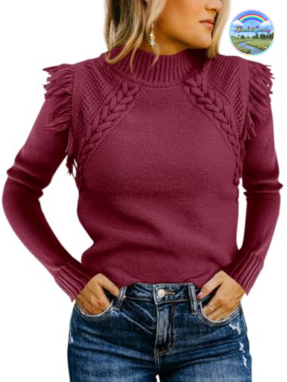 Cable Knit Mock Neck Fringe Slim Fit Long Sleeve Pullover Sweater